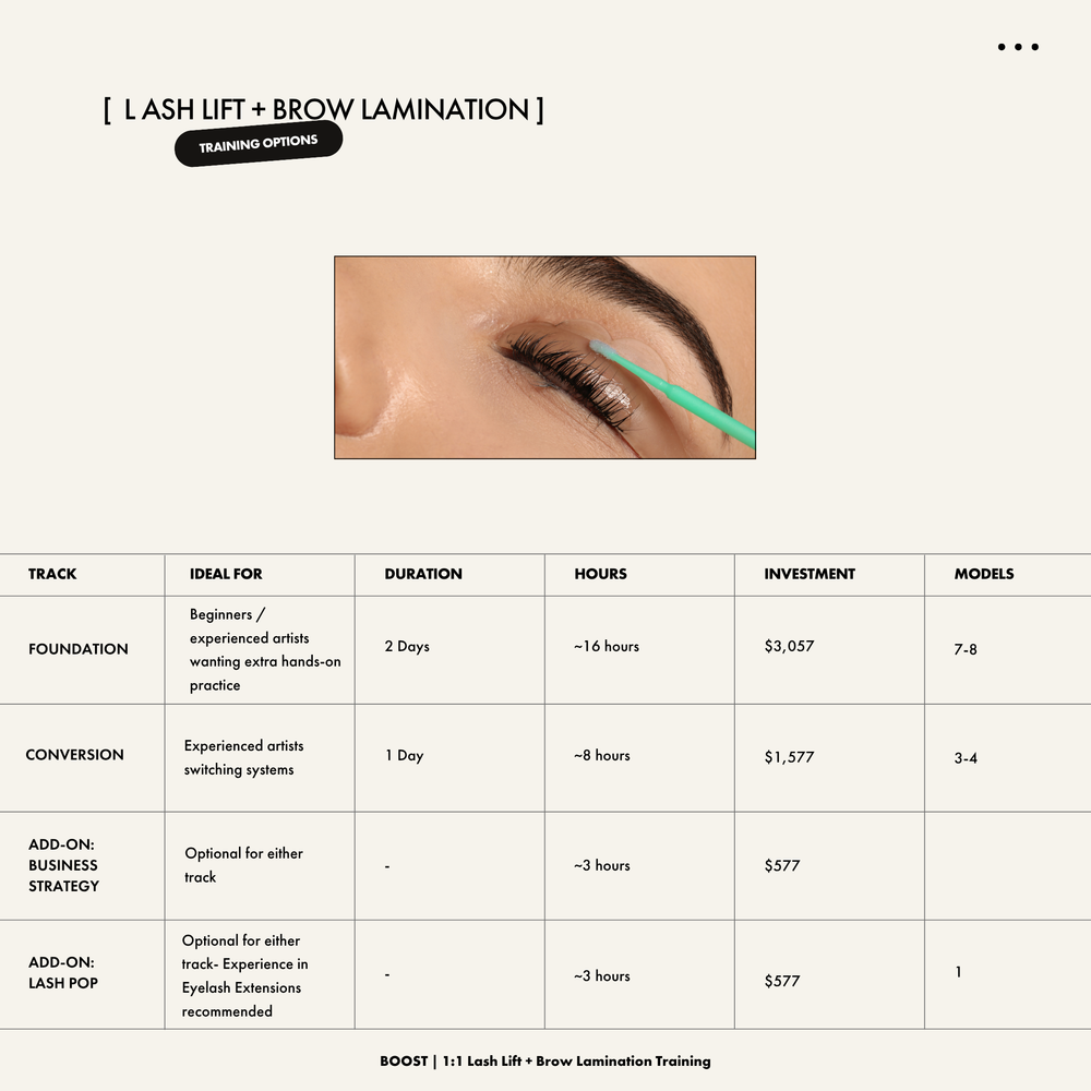 
                      
                        BOOST | 1:1 Lash Lift + Brow Lamination Training
                      
                    